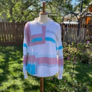 Vintage 80s Boucle Knit Sweater Pastel Pink Blue Sz XXL